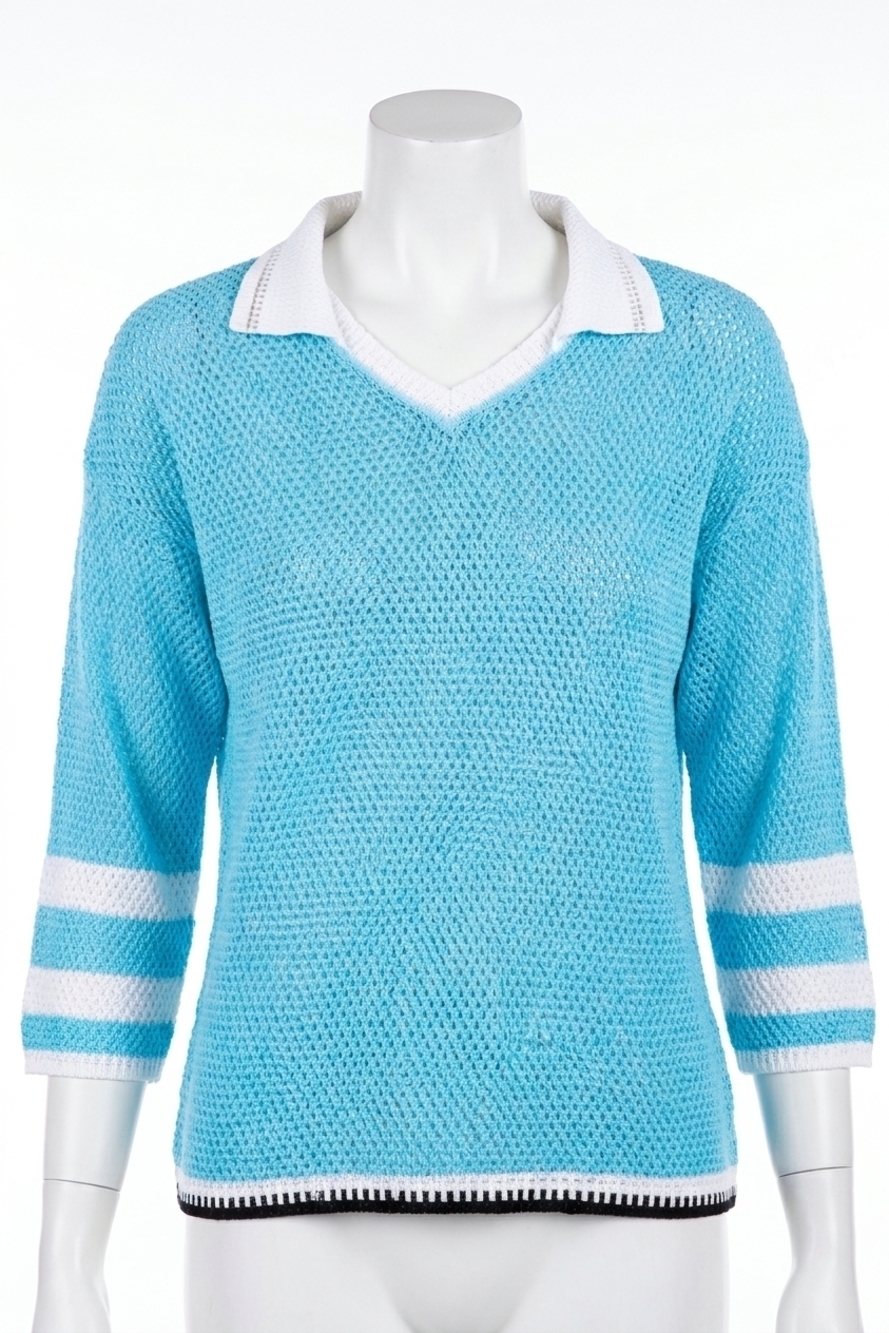 NEW ANGEL APPAREL crochet long sleeves top in turq/white